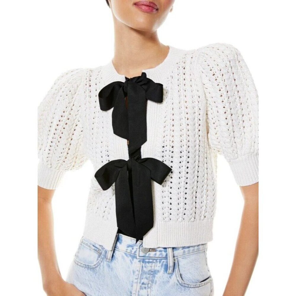 Alice + Olivia Kitty Puff Sleeve Ivory Cardigan Medium